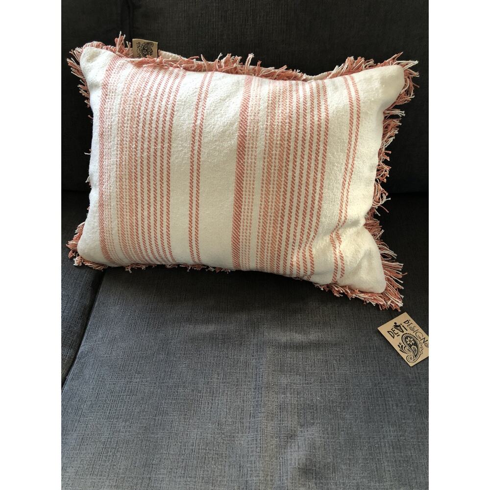 Devi Designs Lumbar Pillow Fringe Edge Boho Coral Pinkish Cream NWT Nice Quality